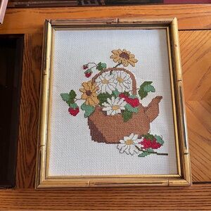 Vintage Kettle/Flower Cross-Stitch Art in Faux Bamboo Frame